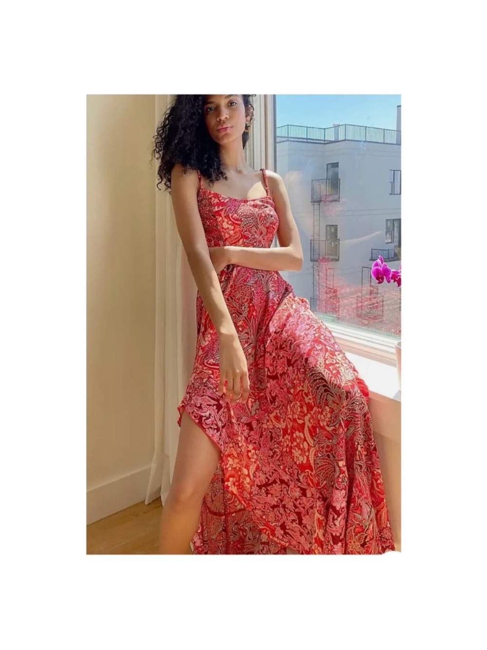 Free People L Pink Red Floral Lace Slip Maxi Dress